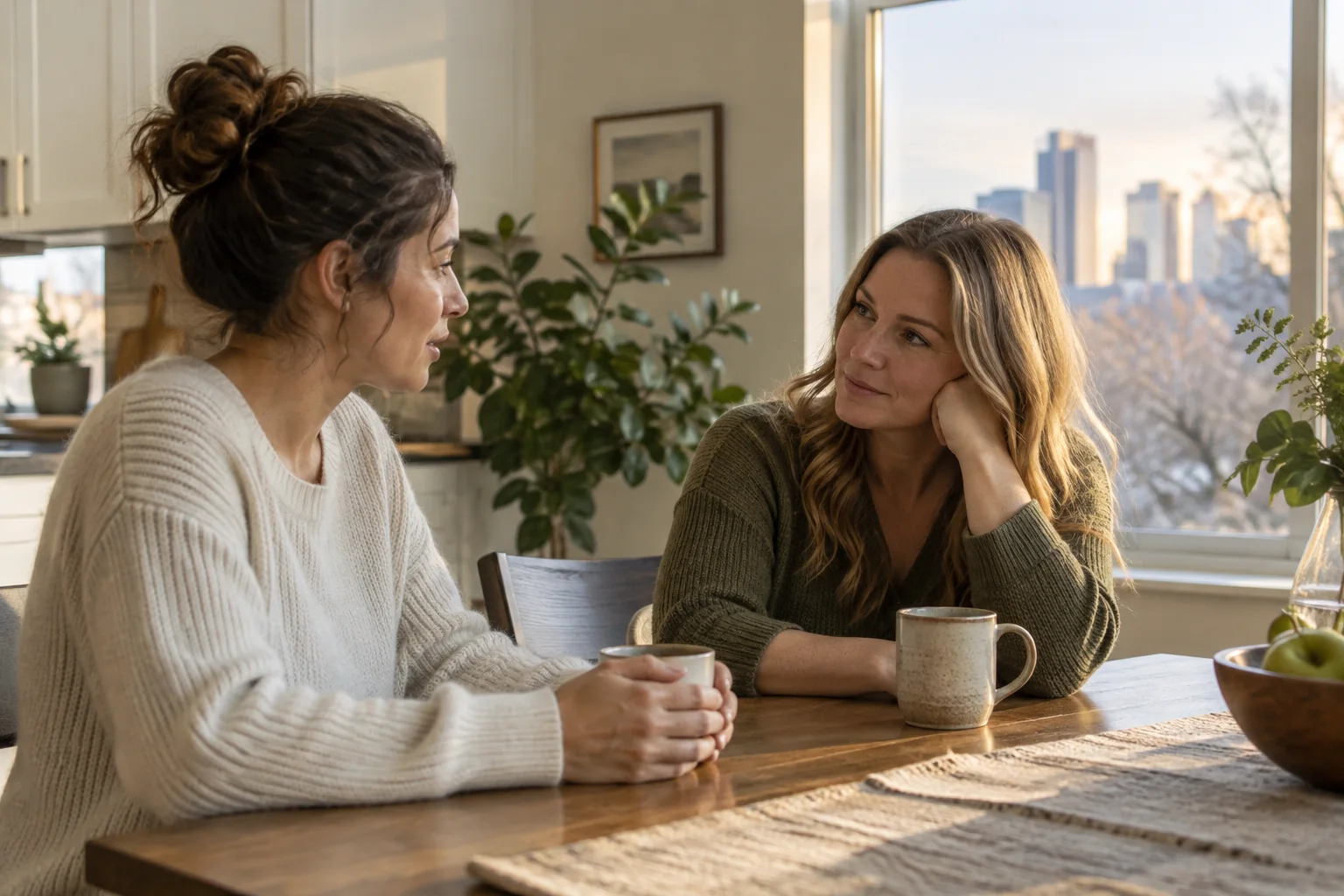 Two women converse at a wooden kitchen table with mugs, one holding her cup while the other rests her head on her hand.