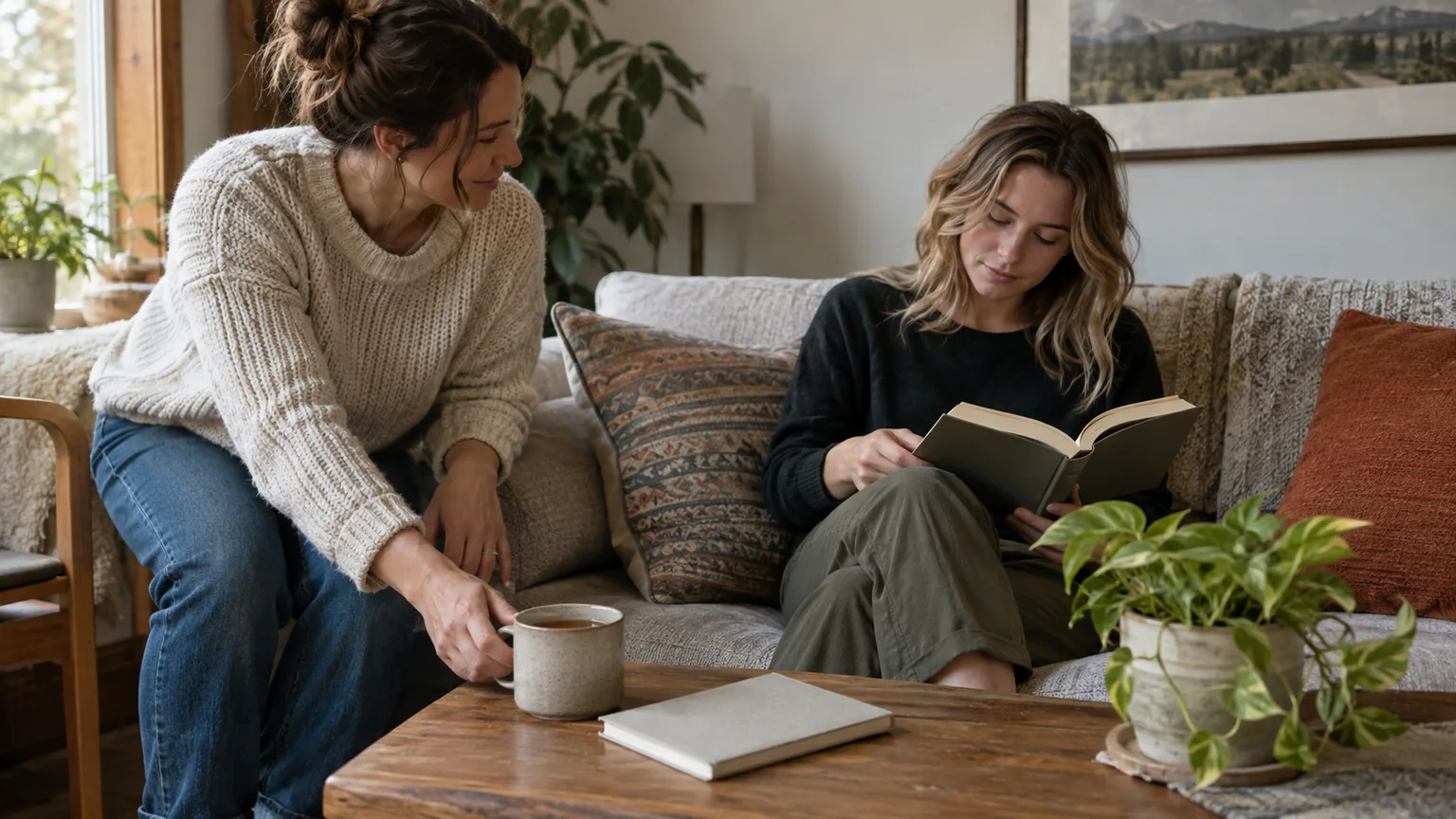 A woman sets a mug beside a closed notebook on a coffee table while another woman reads a book on the sofa.