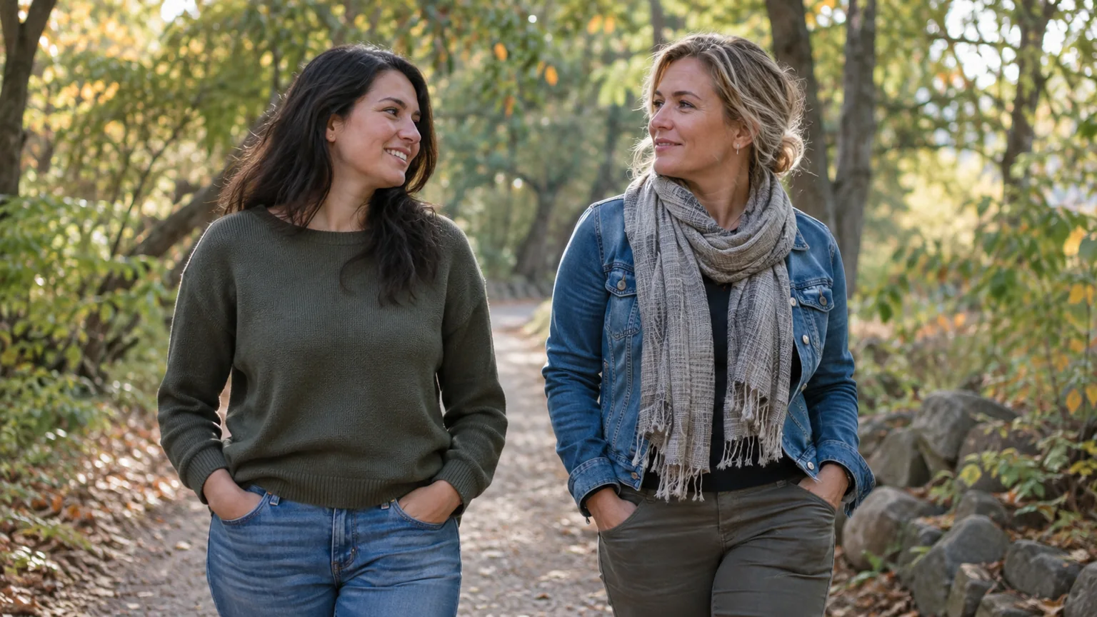 Two women walk side by side on a wooded path, smiling at each other with their hands tucked into their pockets.