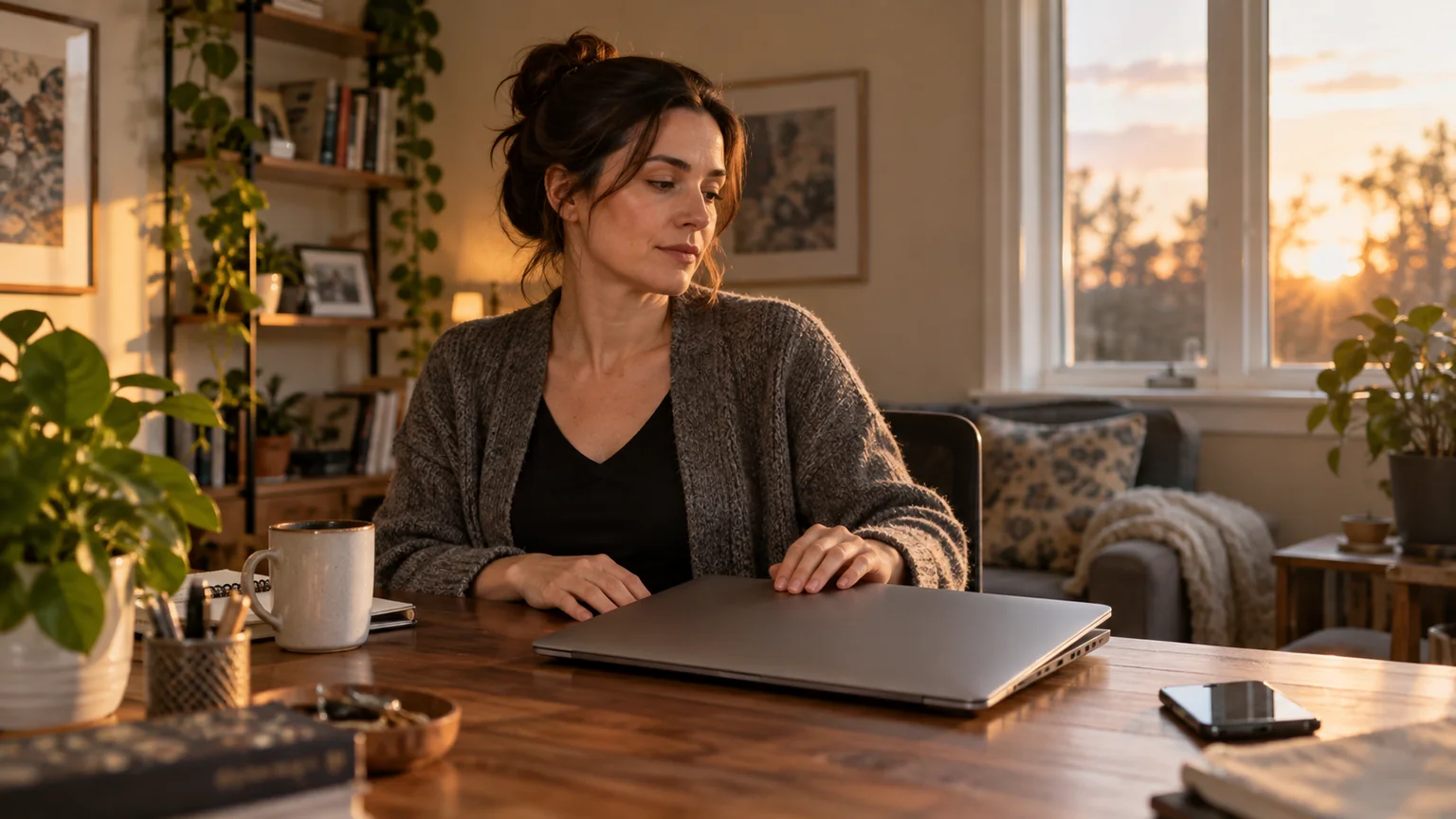 Woman Closing a Laptop at a Home Office Desk A woman in a gray cardigan rests her hand on a nearly closed laptop at a wooden home office desk in warm sunset light.