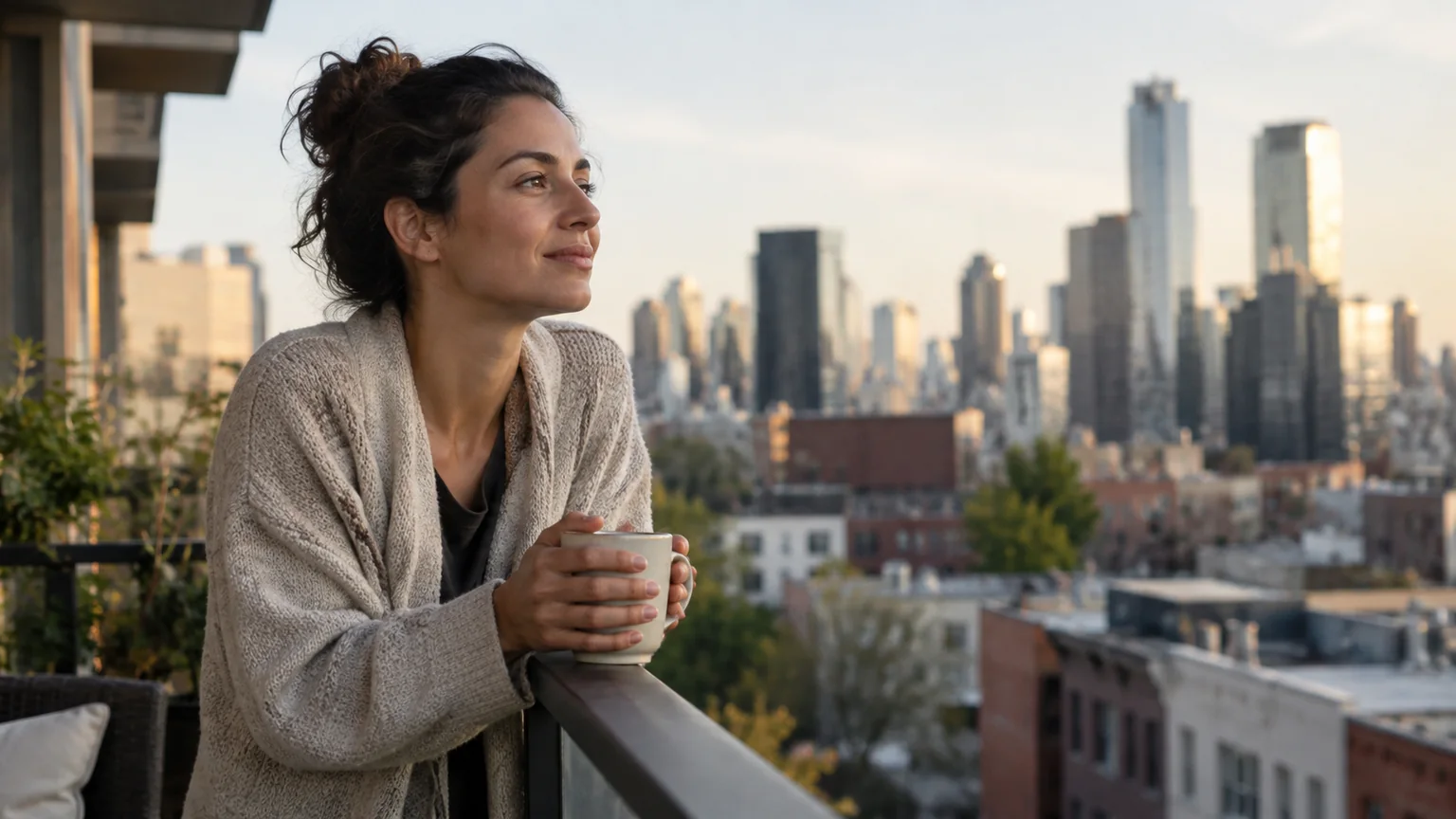 Woman Taking a Quiet Break on a City Balcony A woman in a beige cardigan holds a mug while leaning on a balcony railing, looking toward a softly blurred city skyline.
