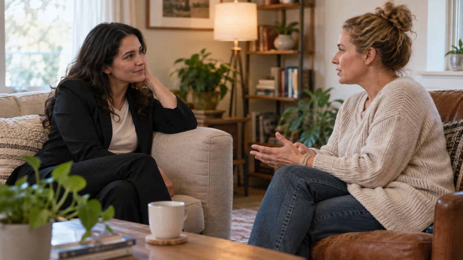 Two Women Talking in a Home Sitting Room Two adult women converse in a home sitting room, one listening in a black suit while the other gestures in a beige sweater.