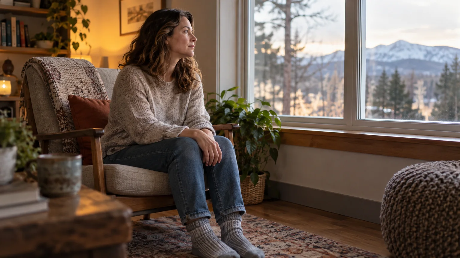 Woman Gazing Out a Window Toward Snowy Mountains A woman sits in an armchair with her hands resting on her knees, gazing through a large window toward snowy mountains.