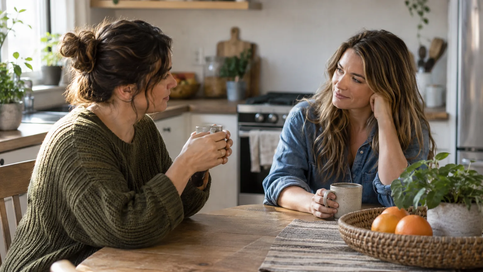 Two Women Talking Over Mugs at a Kitchen Table Two women holding mugs sit across a wooden kitchen table, one resting her head on her hand as they talk.