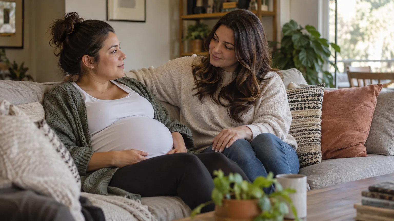 Pregnant Woman With a Supportive Companion at Home A pregnant woman sits on a living room sofa beside another woman who rests an arm around her shoulders.