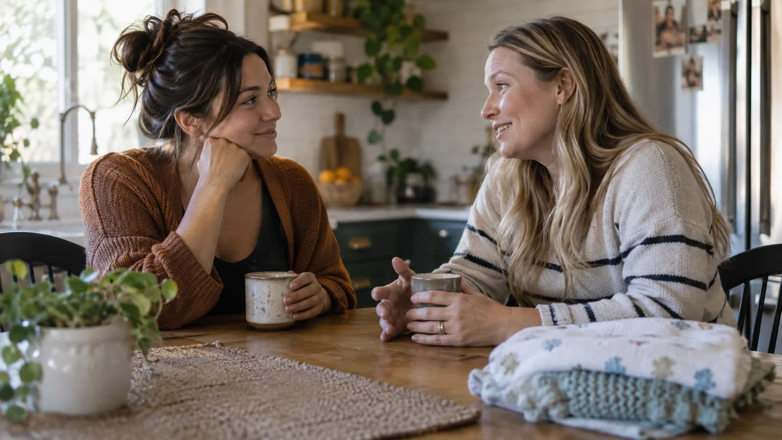 Two Women Talking at a Kitchen Table With Baby Blankets Two adult women converse over mugs at a kitchen table, with folded baby blankets nearby and no infant visible.