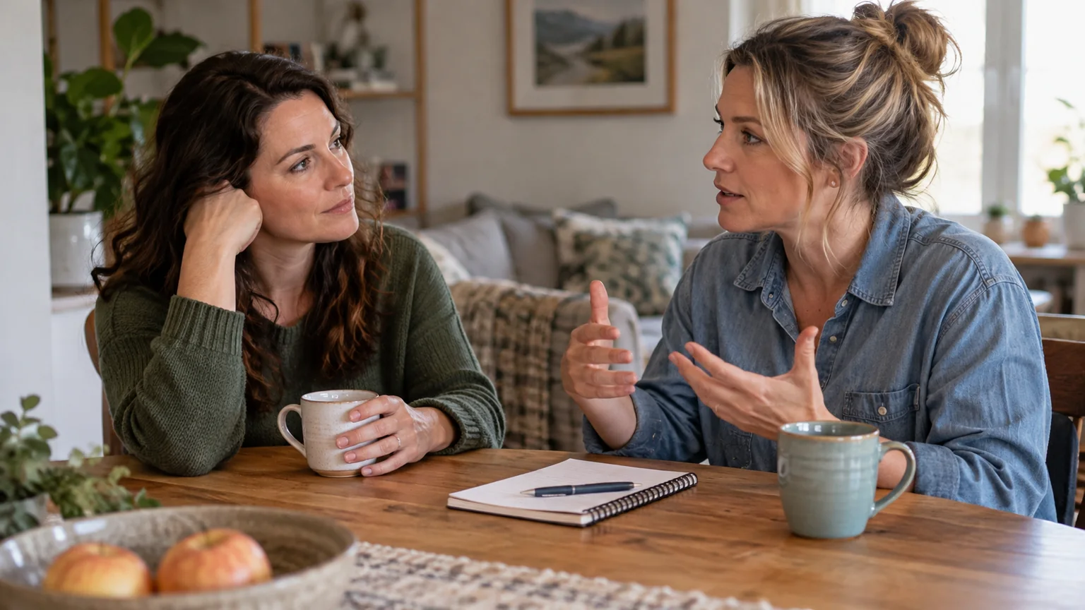 Two Women Talking at a Home Table Two adult women converse at a wooden table at home, one gesturing while the other listens, with mugs and a notebook.