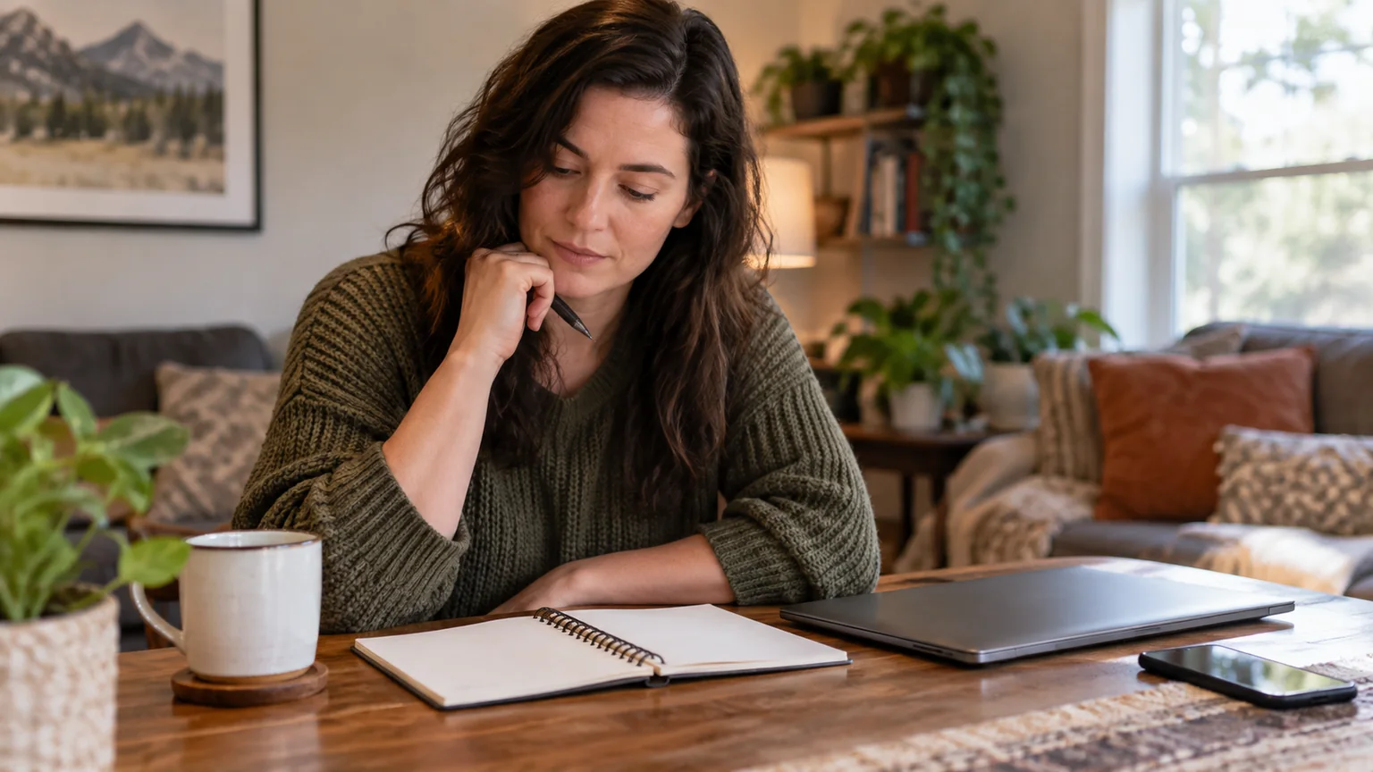 Woman Reflecting Over a Notebook at Home A woman holding a pen looks down at an open blank notebook beside a closed laptop, smartphone and mug in a living room.
