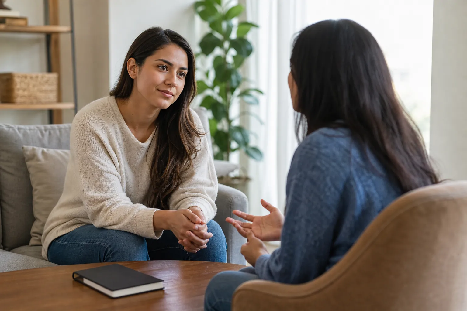 Two Women in a Seated Conversation Two women sit facing each other in a bright room, one listening with clasped hands while the other gestures across a coffee table.