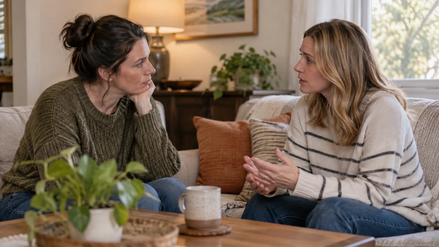 Two Women Having a Serious Conversation at Home Two women sit facing each other on a sofa, one resting her chin on her hand while the other gestures during a serious conversation.