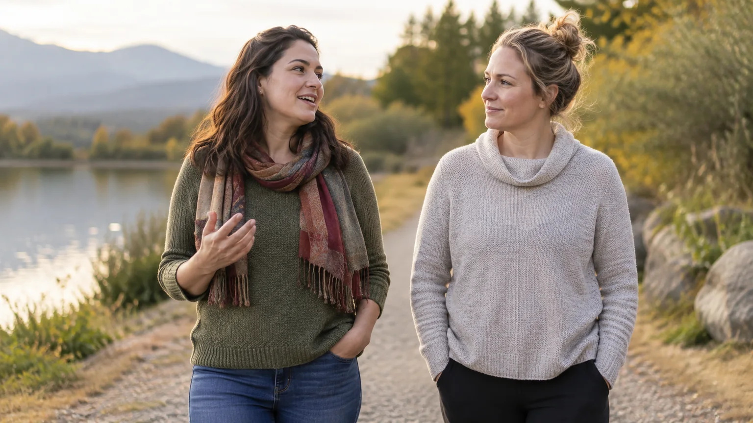 Two Women Talking on a Lakeside Path Two women walk and talk on a lakeside path, one gesturing, with autumn trees and mountains behind them.
