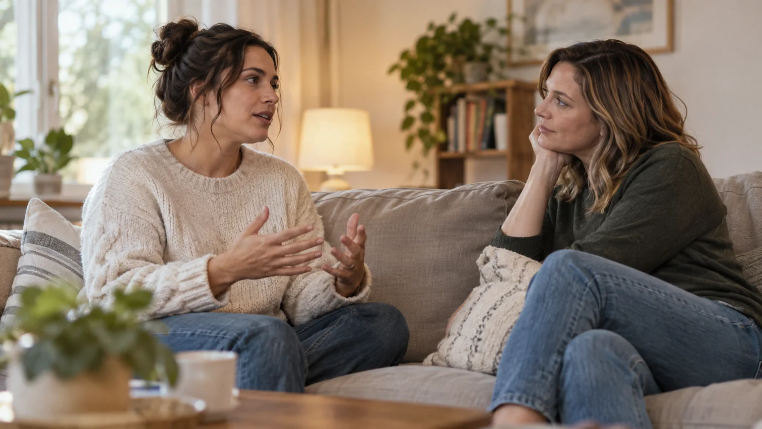 Two Women Having an Attentive Conversation on a Sofa Two adult women sit on a gray sofa in a cozy living room, one gesturing as she speaks while the other listens attentively.
