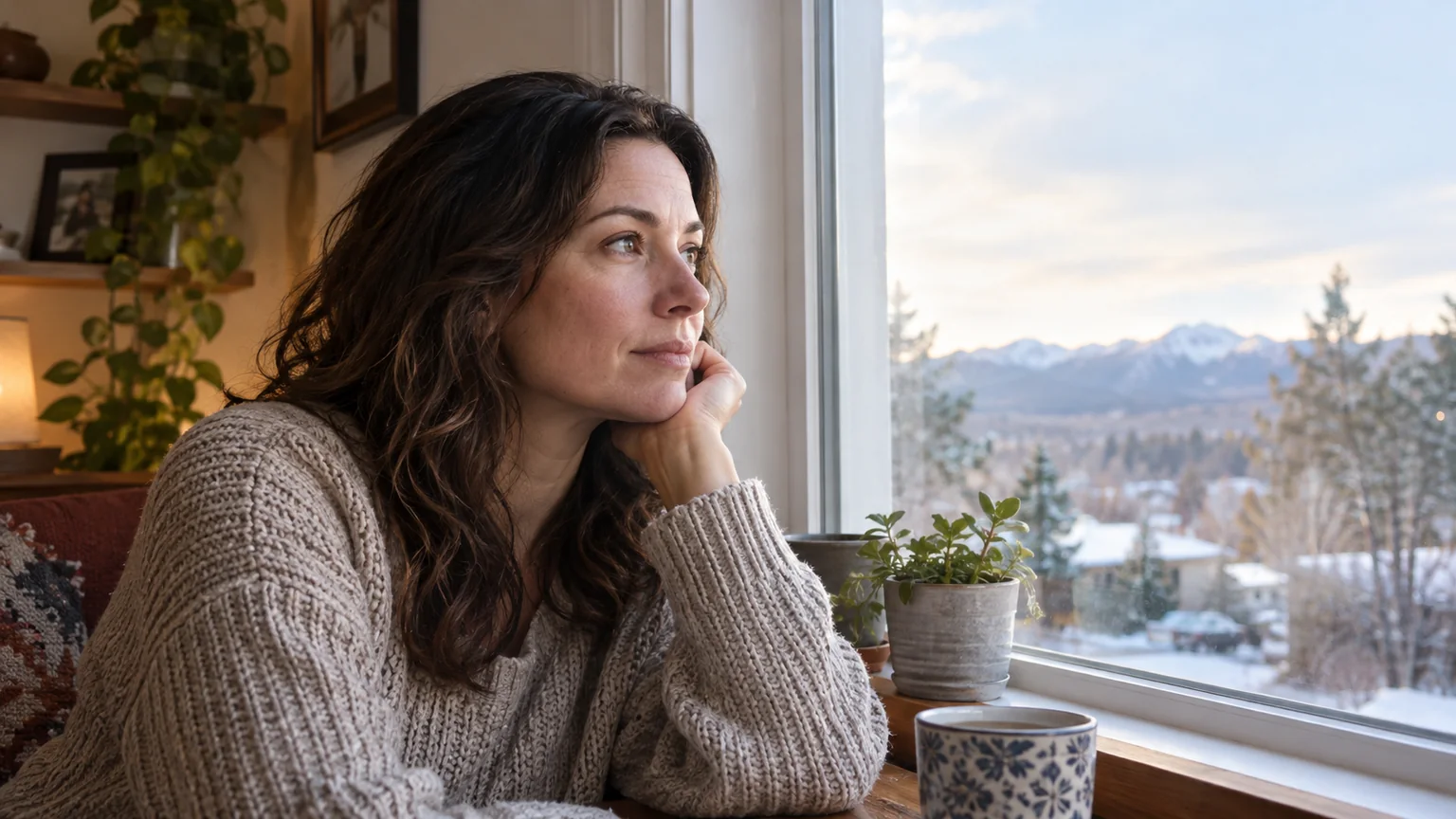 Thoughtful Woman Beside a Window With Mountain Views A thoughtful woman in a knit sweater rests her cheek on her hand beside a window overlooking snowy homes and mountains.