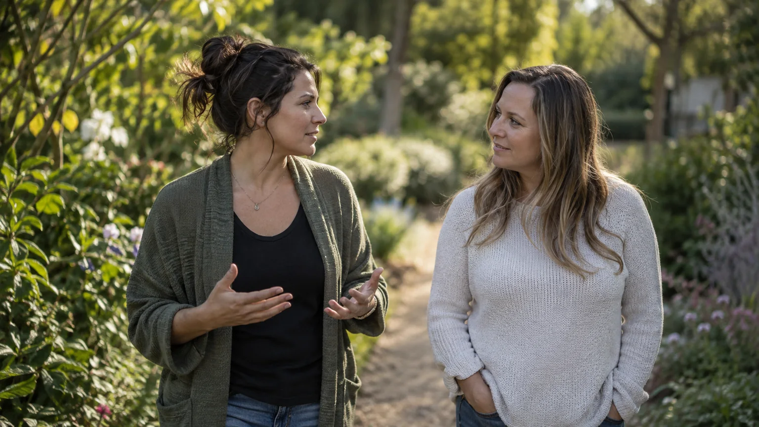 Two Women Conversing on a Garden Path Two adult women face each other on a leafy garden path, one gesturing with both hands while the other listens.