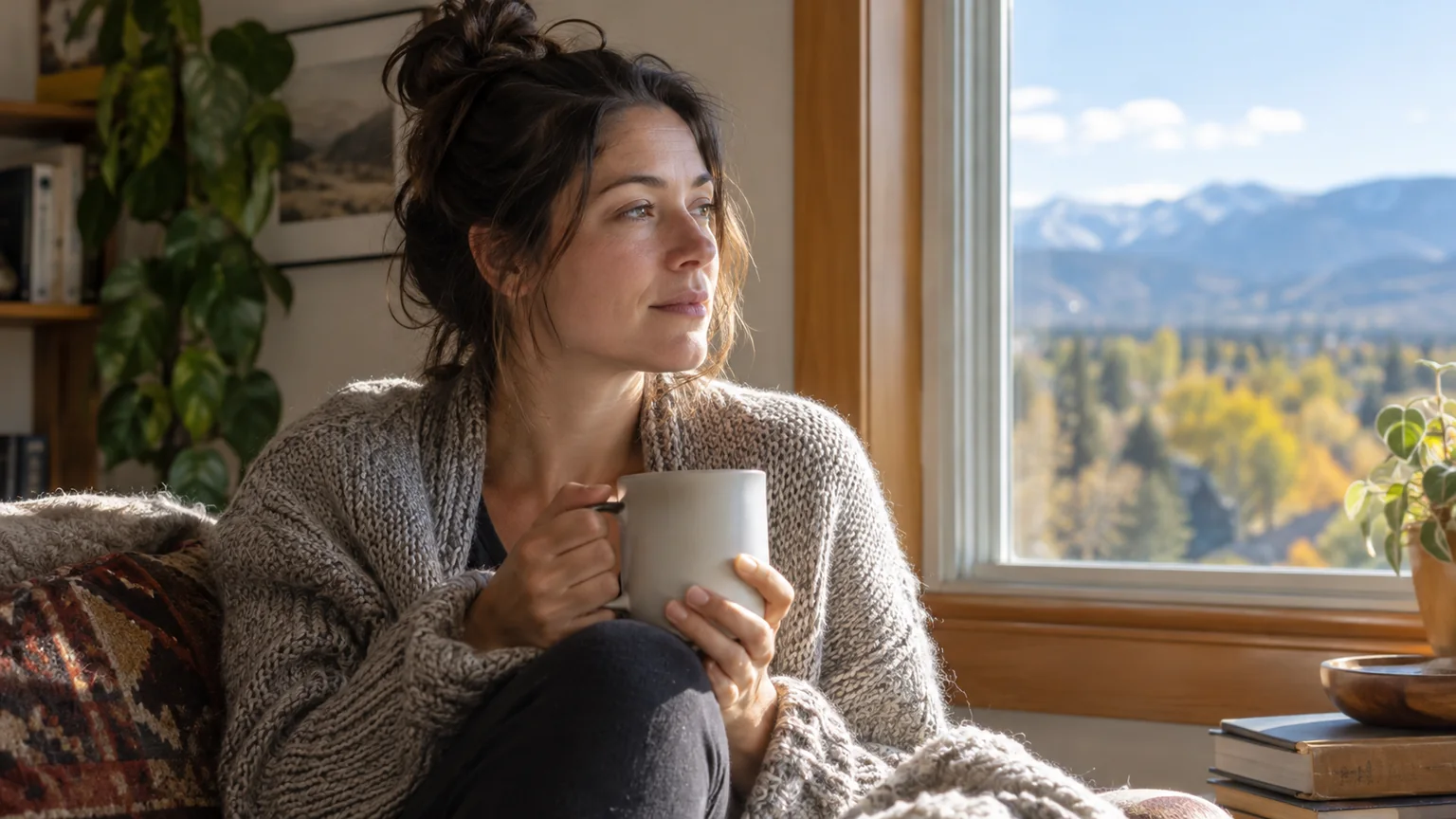 Woman Holding a Mug Beside a Sunlit Mountain View A woman in a knitted cardigan holds a plain mug beside a sunlit window overlooking mountains and autumn trees.