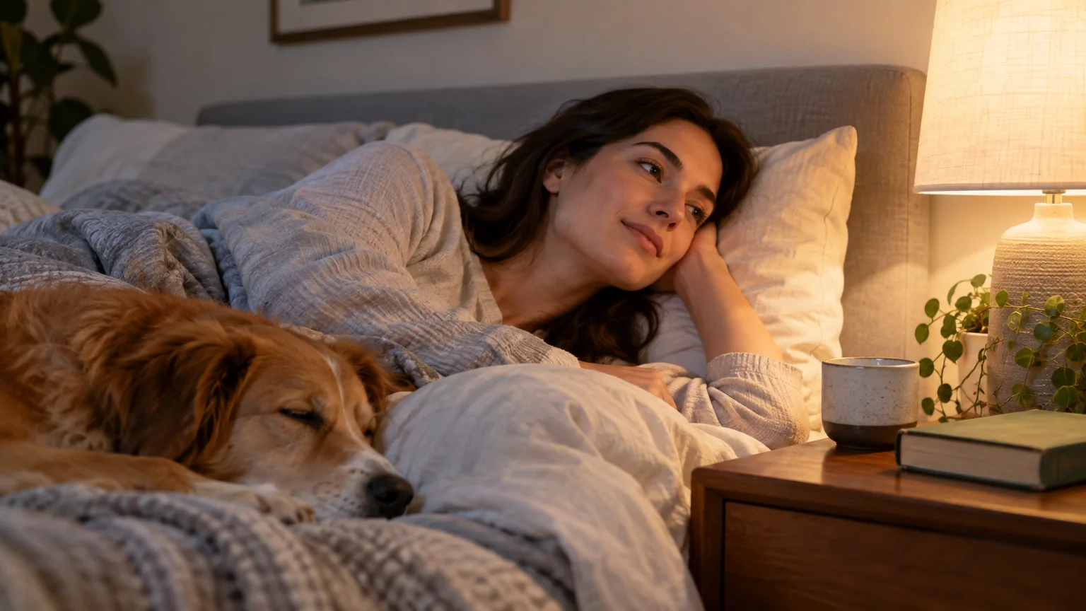 Woman Resting in Bed Beside a Sleeping Dog A woman rests awake in bed beside a sleeping golden dog, with a ceramic cup, closed book and glowing bedside lamp nearby.