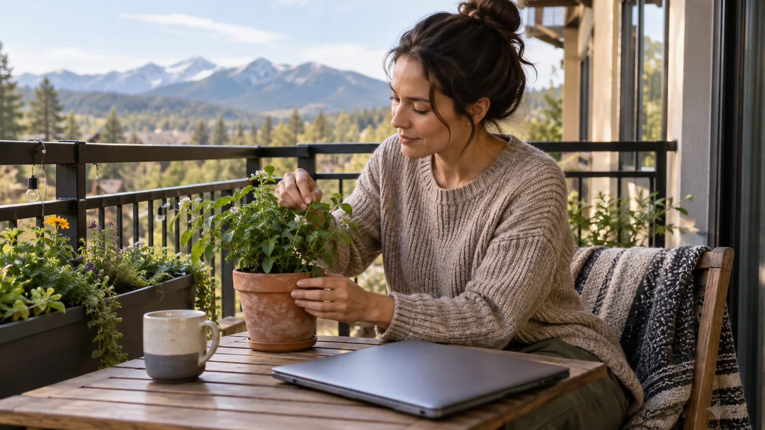 Woman Tending a Plant on a Mountain View Balcony A woman tends a potted balcony plant beside a closed laptop and mug, with trees and mountains in the background.