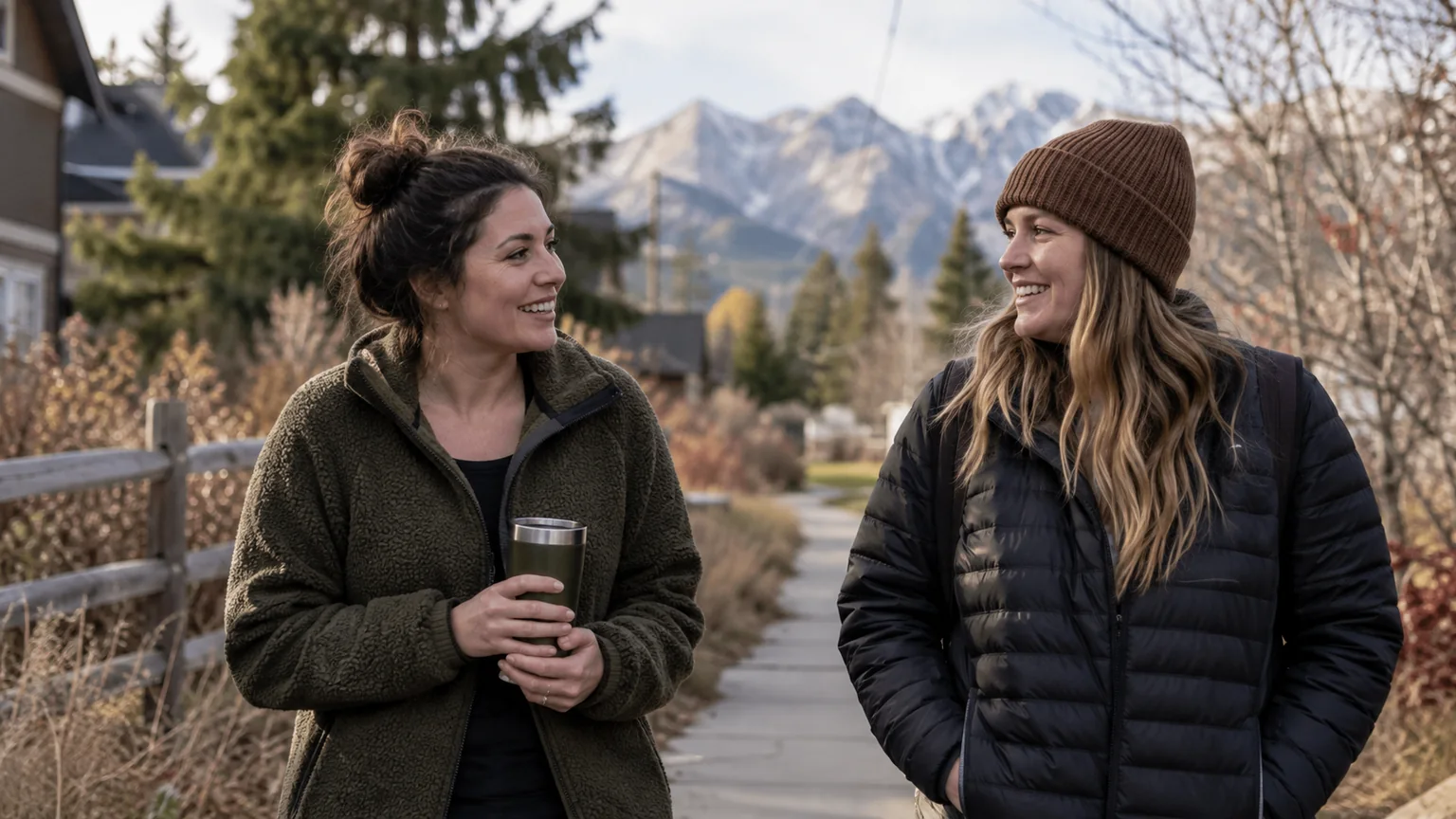 Two Women Connecting on a Mountain Neighborhood Path Two women smile at each other on a neighborhood path, one holding a travel cup, with snowy mountains behind them.