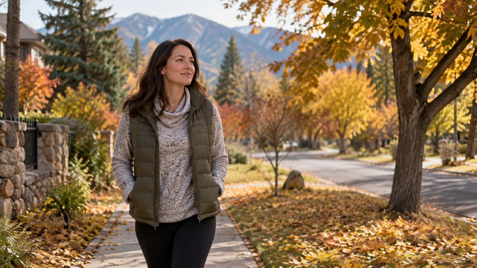 A woman in a green vest walks on a neighborhood sidewalk beneath golden autumn trees, with mountains in the background.