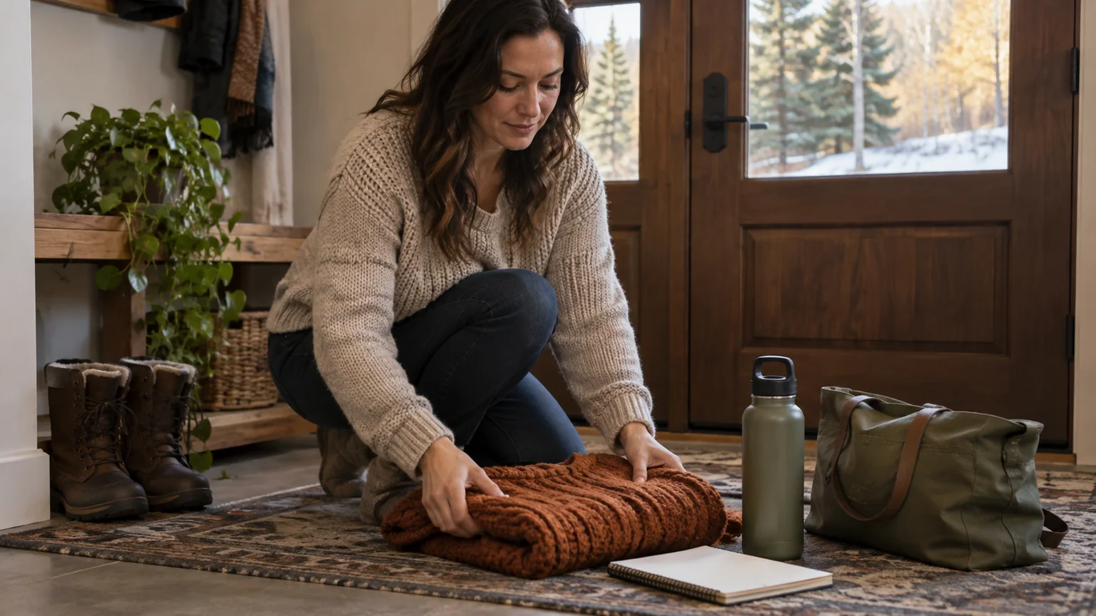 A woman kneels by a home entryway, folding a rust-colored sweater beside a water bottle, blank notebook and bag, with snow outside.