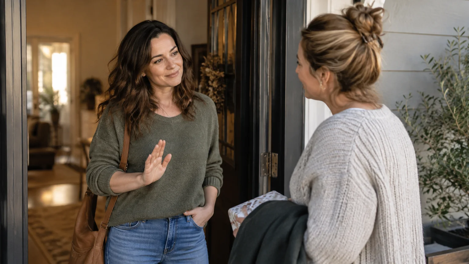 Two Women Talking at a Home's Open Front Door Two women converse at an open front door, one raising her palm while the other holds a dark coat and a patterned item.