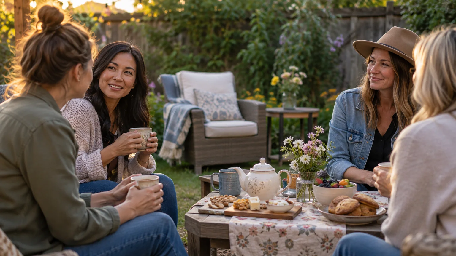 Backyard Tea Gathering With a Quiet Seat Nearby Four adult women gather around tea, fruit and pastries in a leafy backyard, with an empty cushioned chair nearby.