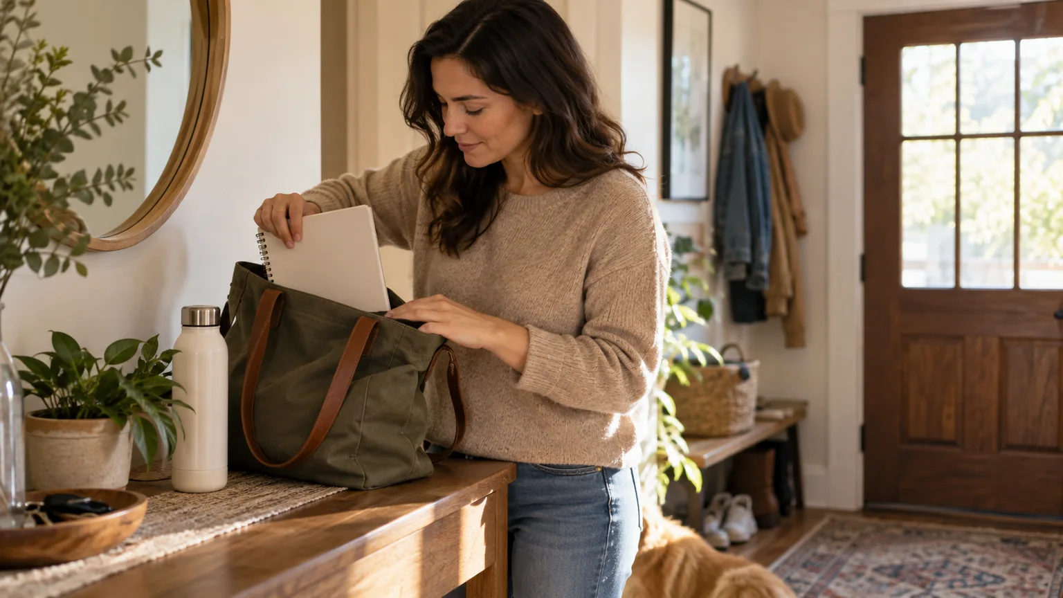 Woman Packing a Tote in a Sunlit Entryway A woman places a blank spiral notebook into a green tote on a wooden entryway table beside a white bottle in morning light.