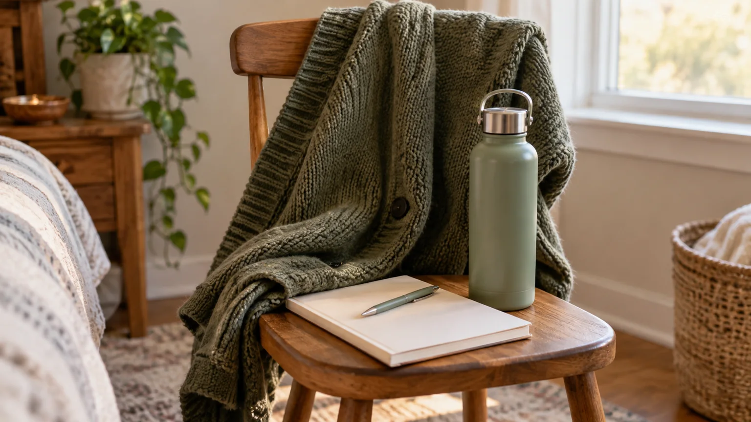 Notebook, Cardigan and Water Bottle on a Wooden Chair A green knit cardigan drapes over a wooden chair holding a plain notebook, pen and reusable water bottle beside a window.