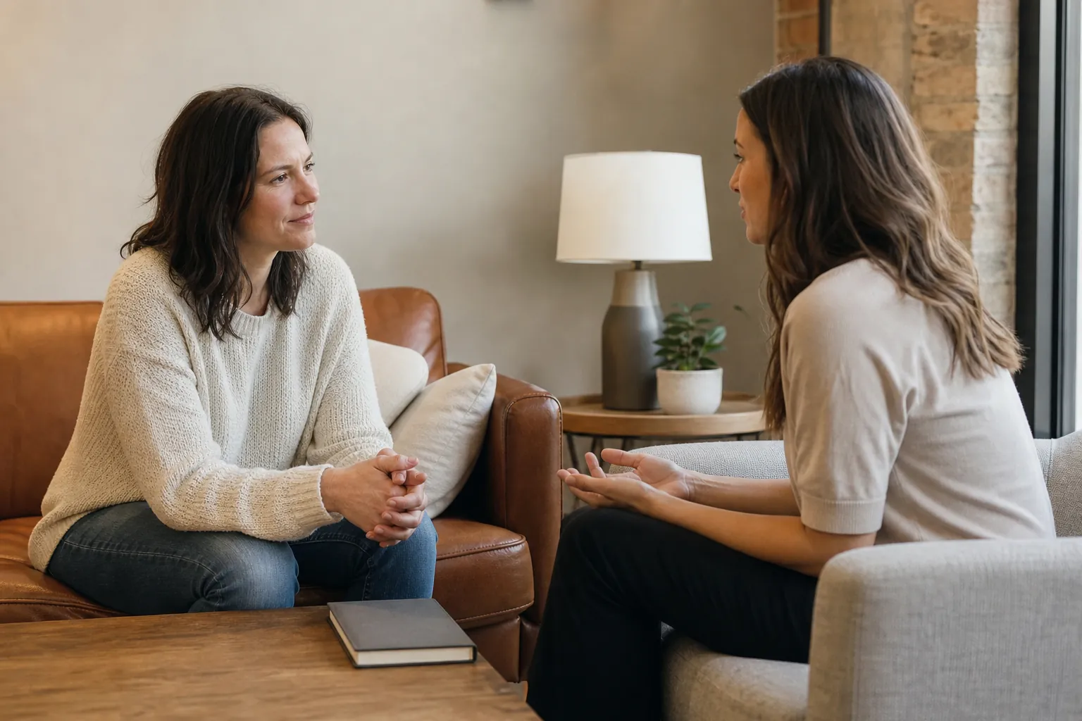 Two Women Having a Seated Conversation Two women sit facing each other in a warmly lit room, one clasping her hands while the other gestures during conversation.