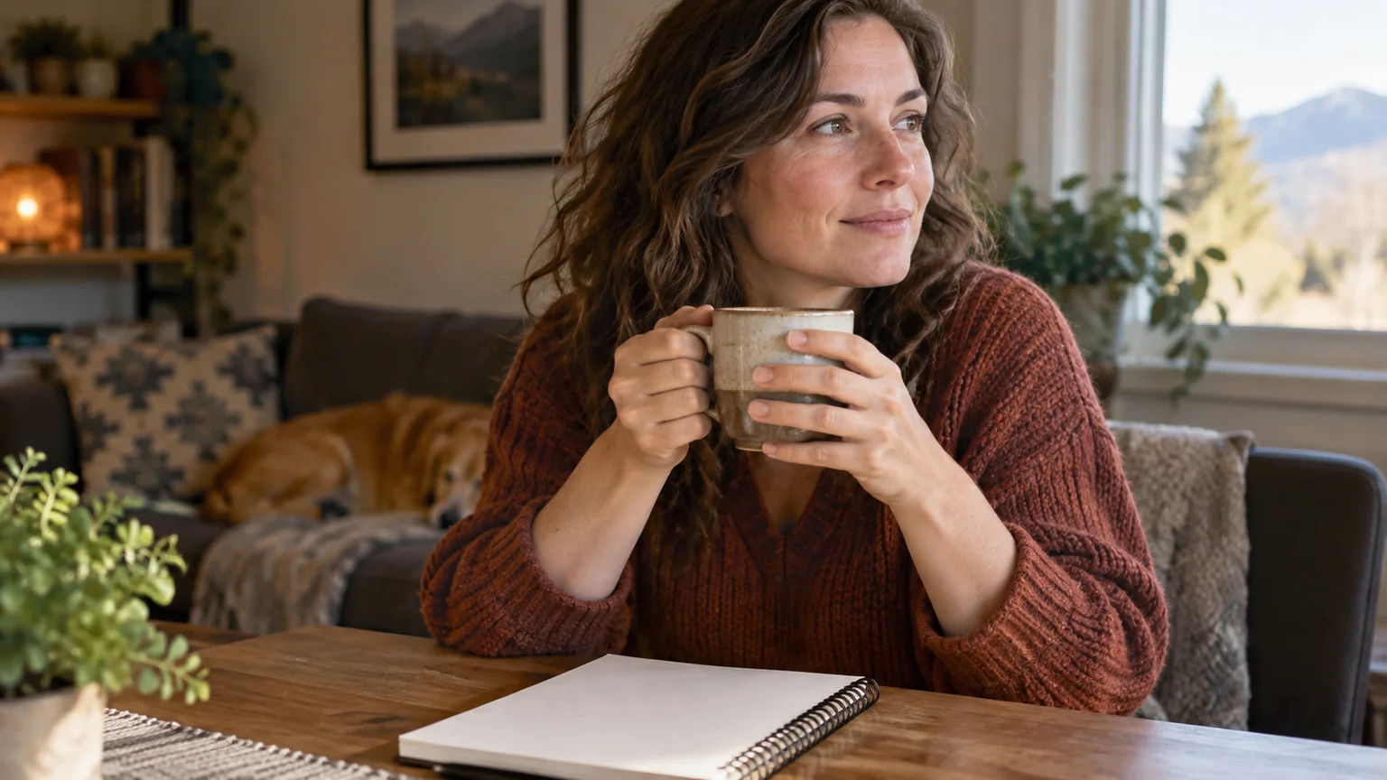 Woman Holding a Mug Beside a Blank Notebook A woman in a rust-colored sweater holds a ceramic mug beside a blank spiral notebook, looking toward a window at home.
