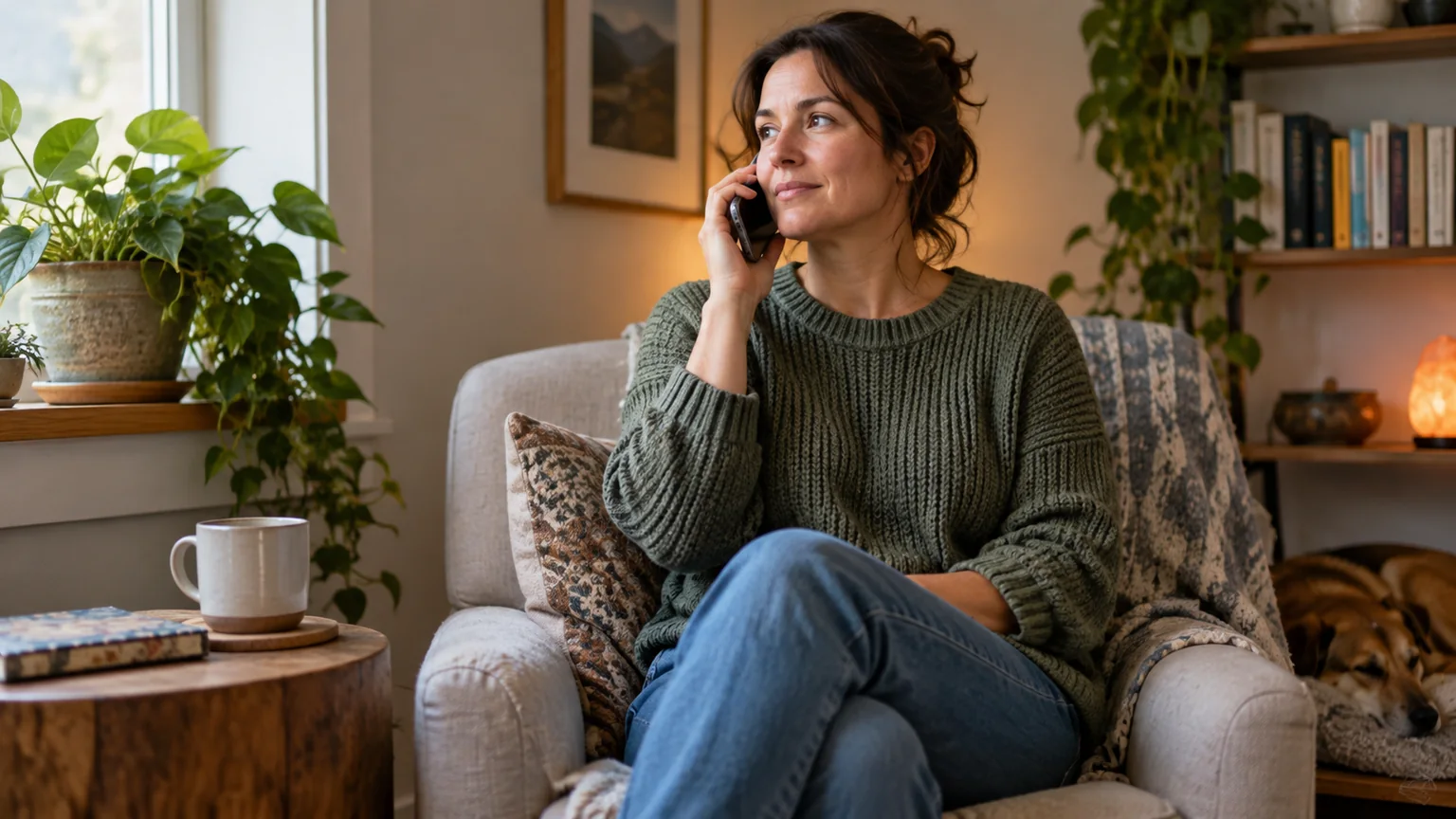 Woman Taking a Phone Call in a Quiet Home Corner A woman in a green sweater sits in an armchair holding a phone to her ear, with plants, a mug, and a resting dog nearby.