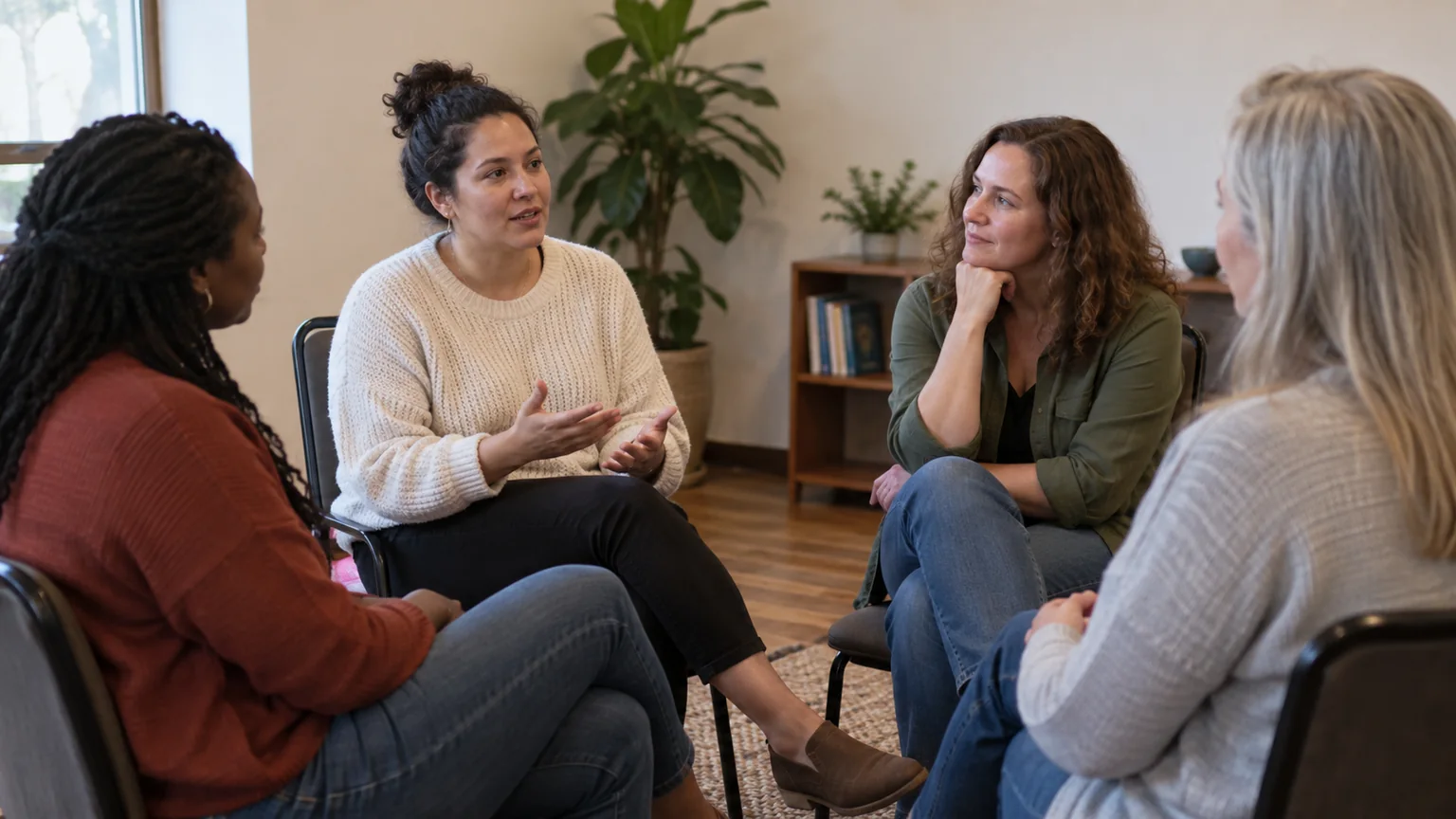 Four Women in a Small Group Discussion Four adult women sit in a small circle of chairs, listening as one gestures during a discussion in a room with plants.