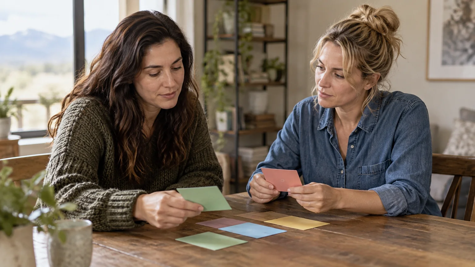 Two Women Reviewing Colored Cards at a Wooden Table Two adult women examine blank colored cards across a wooden table beside a window in a naturally lit room.