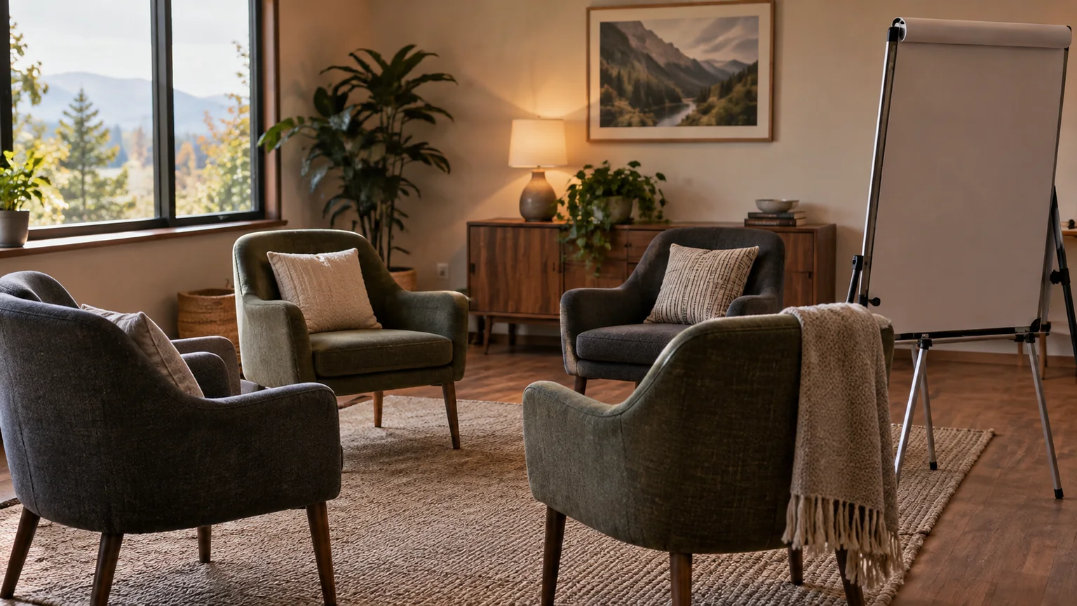 Empty Group Seating Area With a Blank Flipchart Four empty upholstered chairs arranged on a rug beside a blank flipchart, with plants, a lamp, and mountain views through windows.