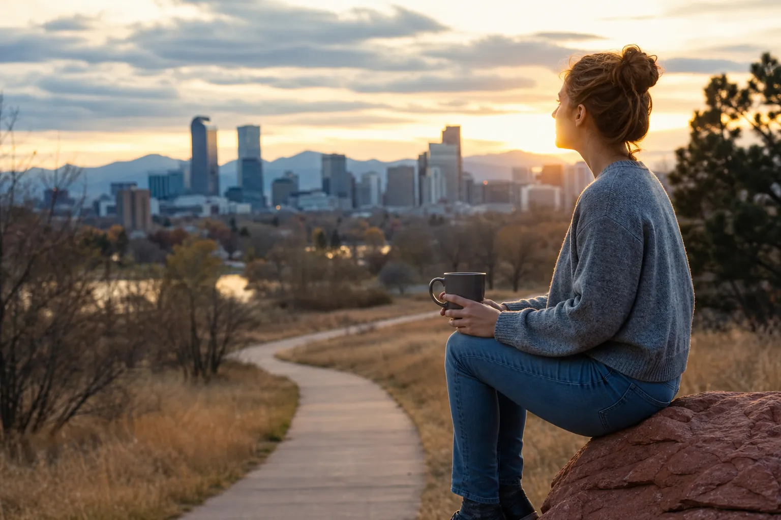 Woman Overlooking a City Skyline at Sunset A woman holding a mug sits on a rock beside a winding path, overlooking a city skyline and distant mountains at sunset.