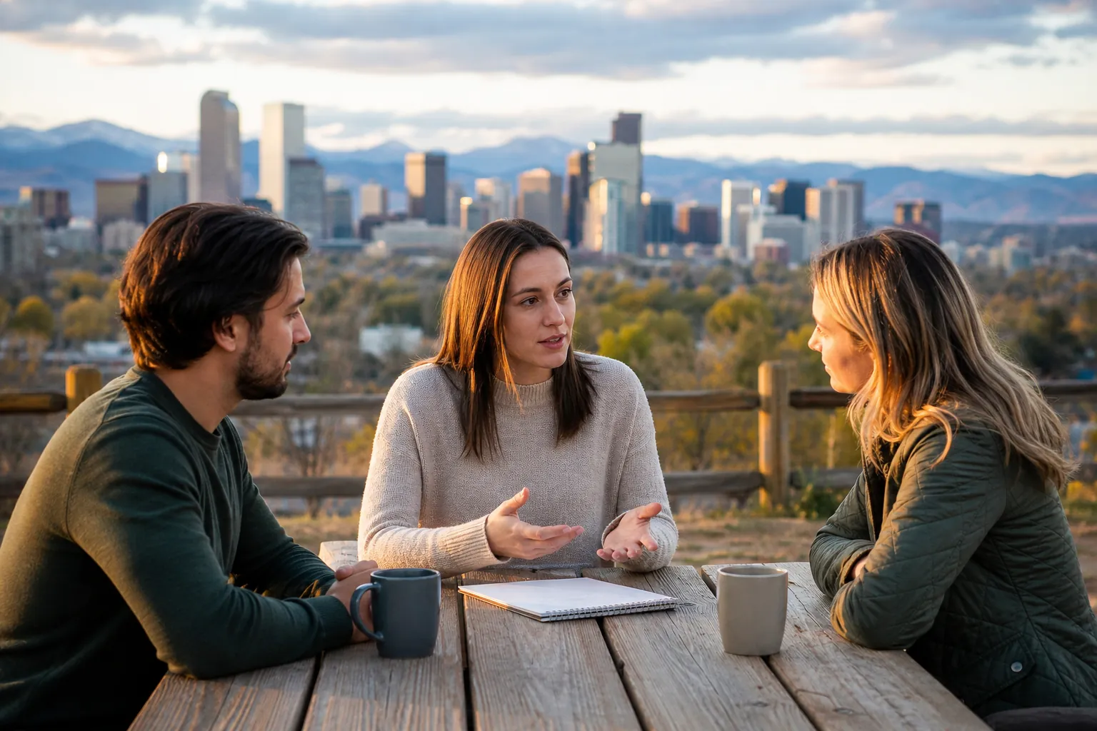 Three Adults in Conversation Overlooking a City Three adults talk at an outdoor wooden table with mugs and a notebook, with a city skyline and mountains behind them.