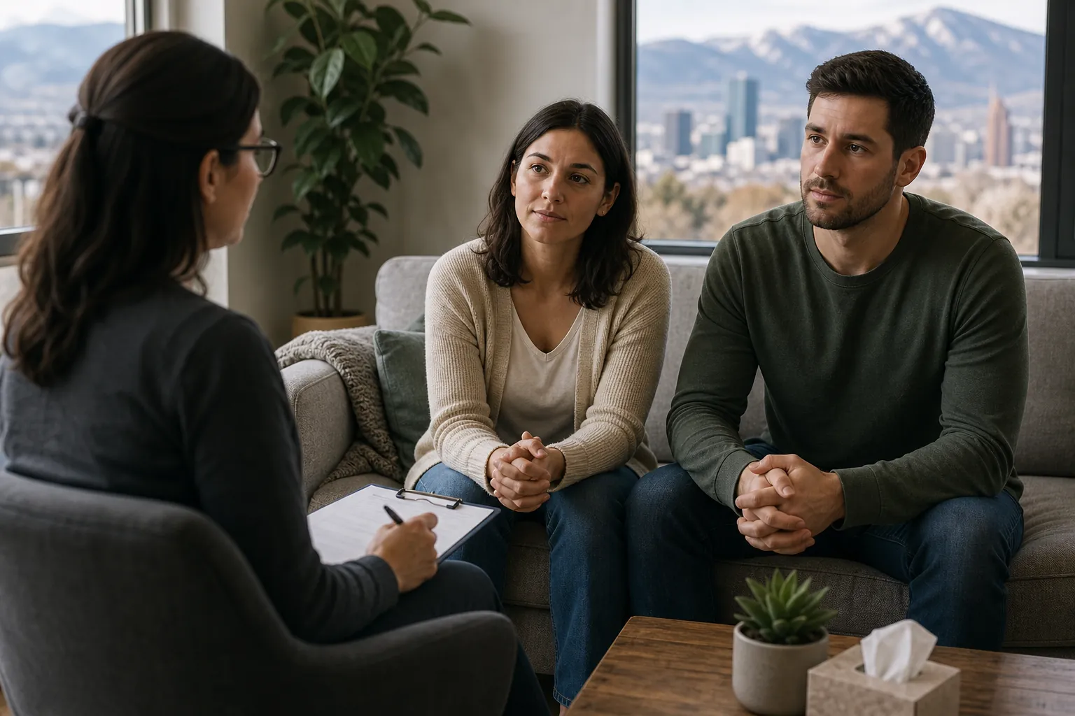 Counseling Meeting With Two Adults in an Office A woman holding a clipboard meets with two adults seated on a sofa, with a city skyline and mountains outside the windows.