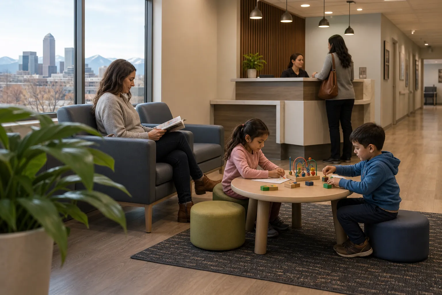 Children Playing in a Reception Waiting Area Two children play at a low table in a reception waiting area while a woman reads and another speaks with a receptionist.