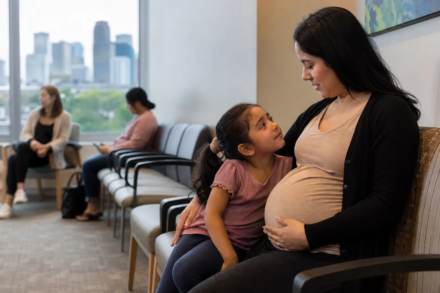 Pregnant Woman and Young Girl in a Waiting Room A pregnant woman sits with a young girl beside her in a waiting room, with two other women seated near large windows.