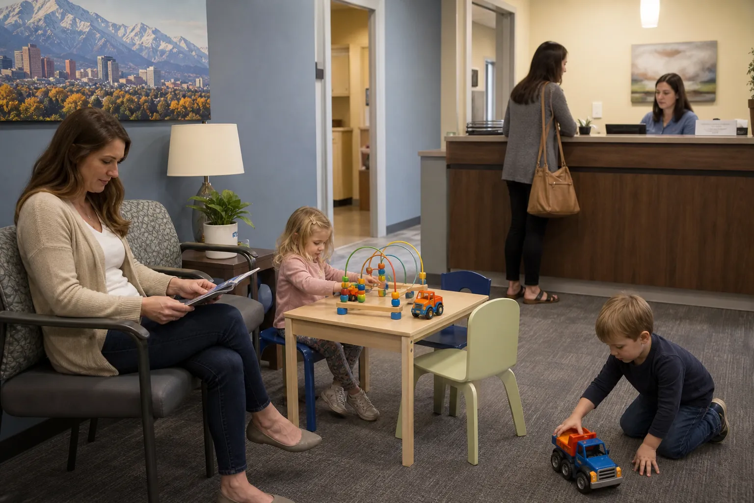 Children Playing in a Clinic Waiting Room Two children play with toys beside a seated woman in a clinic waiting room while another woman stands at the reception desk.