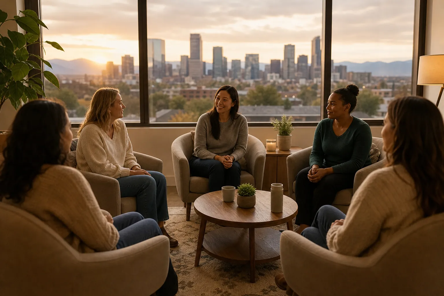 Women Gather in a Sunlit Room Overlooking the City Five women sit in a circle around a wooden coffee table, with a city skyline and mountains visible through large windows at sunset.