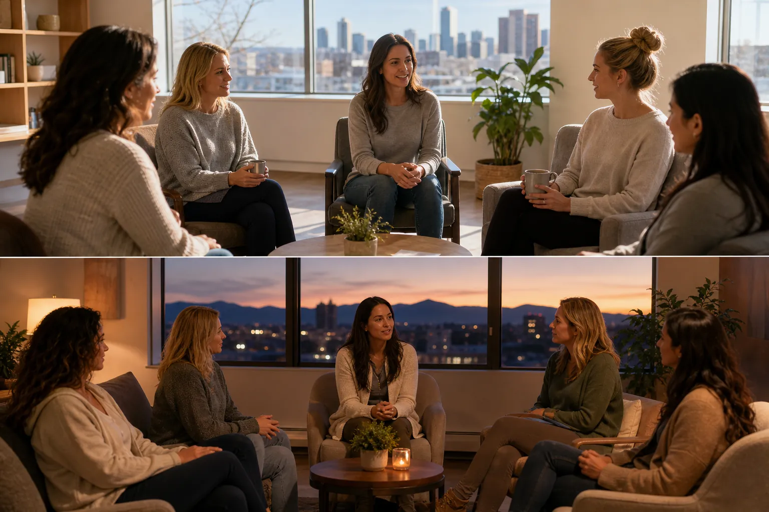 Women's Group Discussions During Daytime and Evening Two stacked scenes show women seated in discussion circles in a bright room by day and a warmly lit room at sunset.