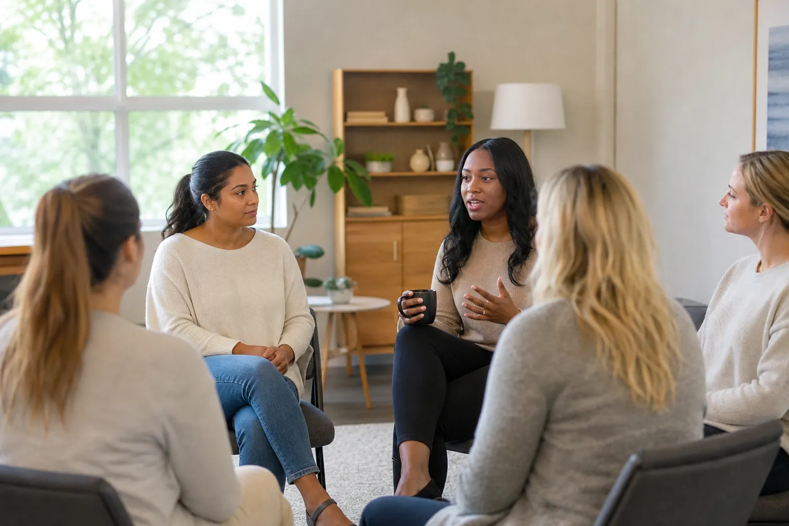 Women Seated in a Circle for Group Discussion Five women sit in a circle in a bright room as one woman holds a black mug and gestures while speaking.
