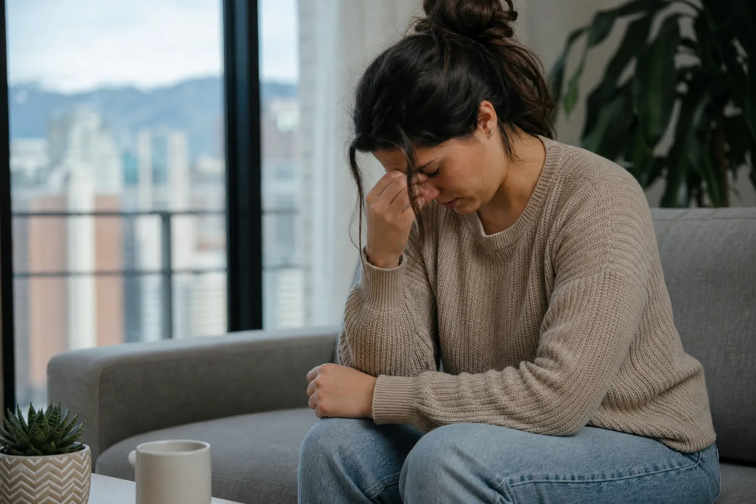 Woman Sitting on a Sofa With Her Head Bowed A woman in a beige sweater leans forward on a gray sofa, eyes closed, pressing her fingers to the bridge of her nose.