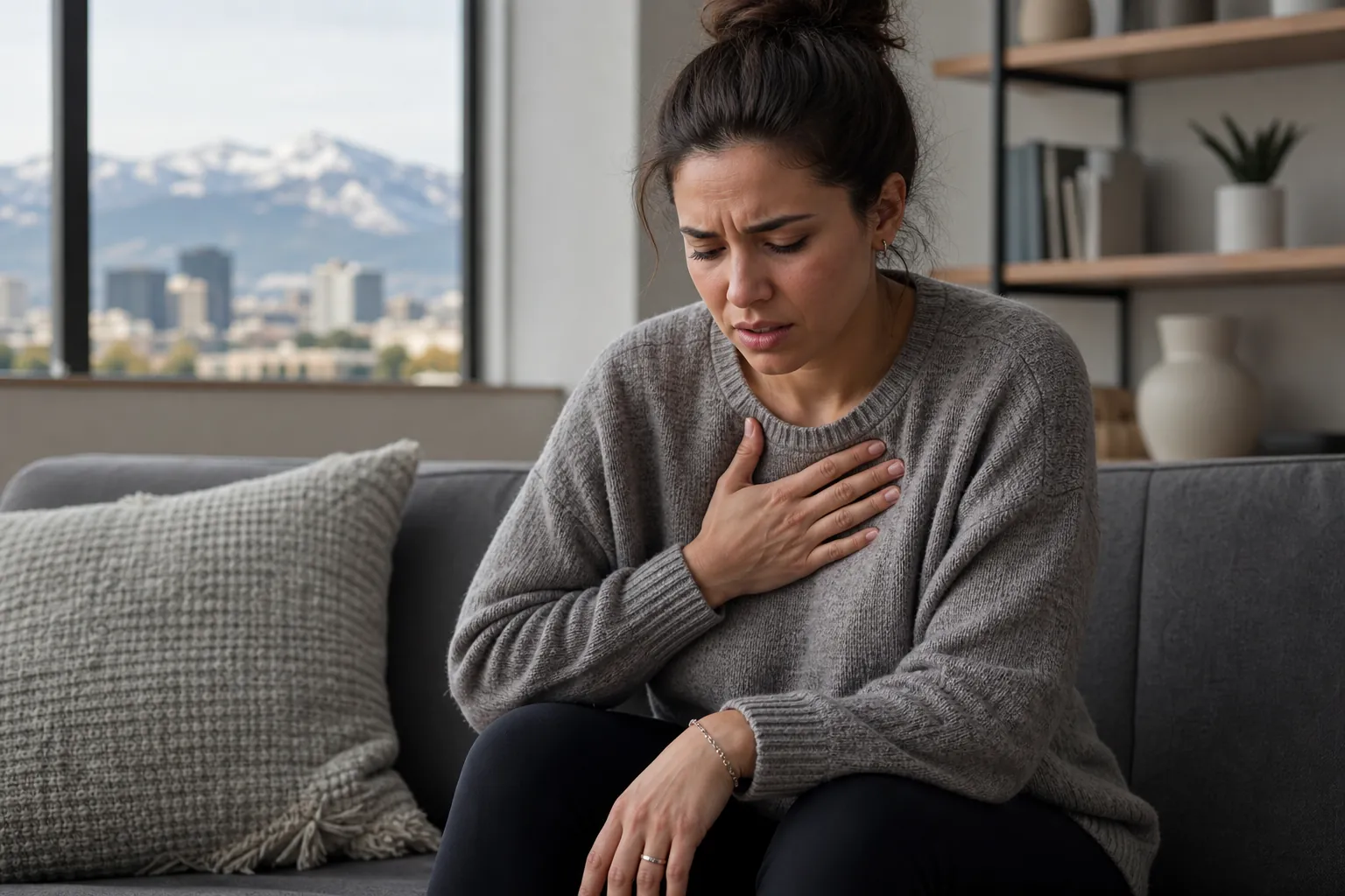 Woman Holding Her Chest While Seated on a Couch A woman in a gray sweater sits leaning forward on a couch, pressing one hand to her chest with a pained expression.