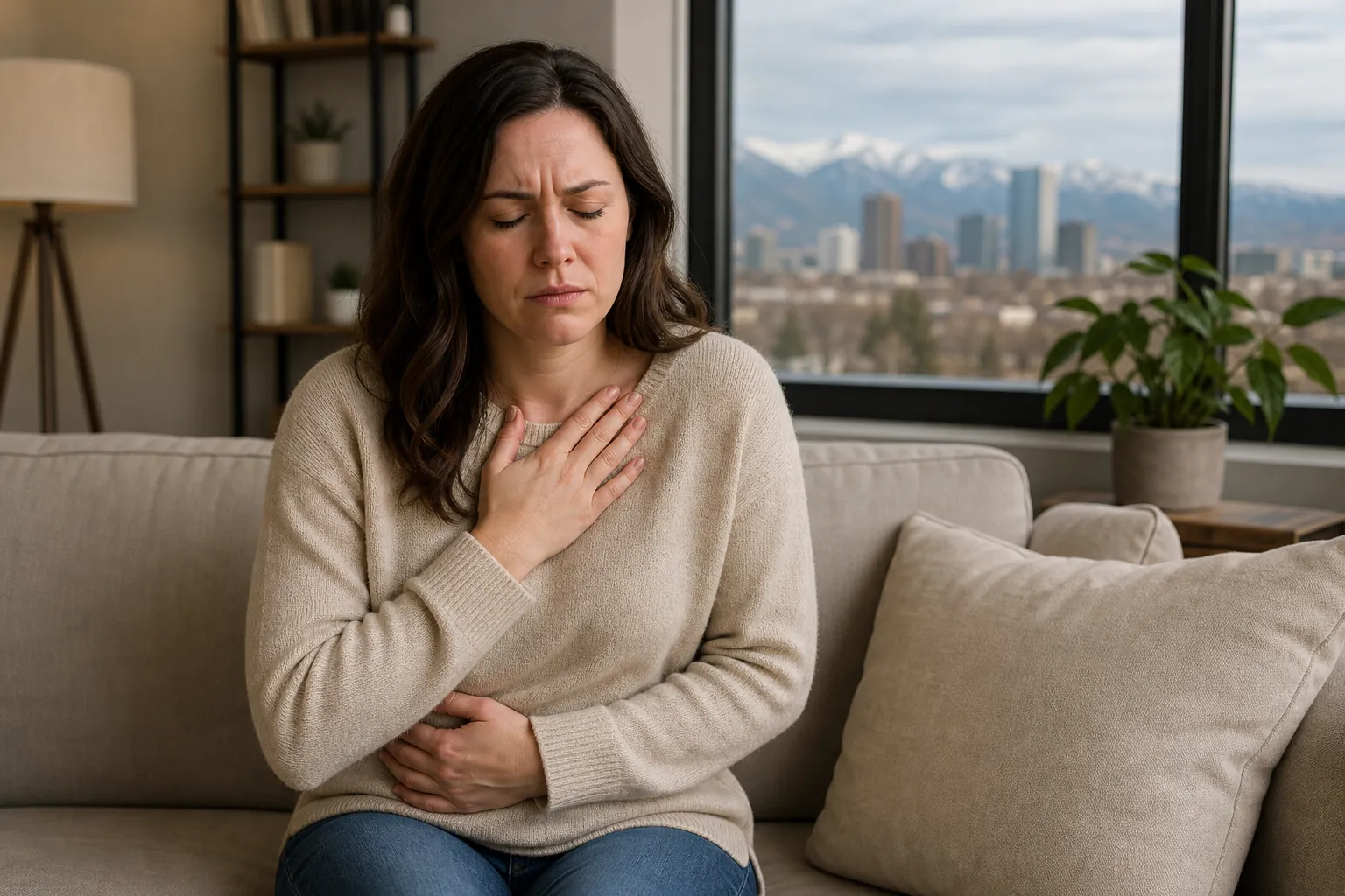 Woman Holding Her Chest and Abdomen on a Sofa A woman sits on a beige sofa with eyes closed and a tense expression, holding one hand to her chest and one to her abdomen.