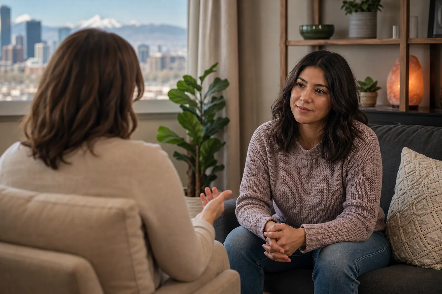 Supportive Conversation in a Counseling Office Two women sit facing each other in a cozy office, one gesturing while the other listens, with a city skyline and mountains outside.