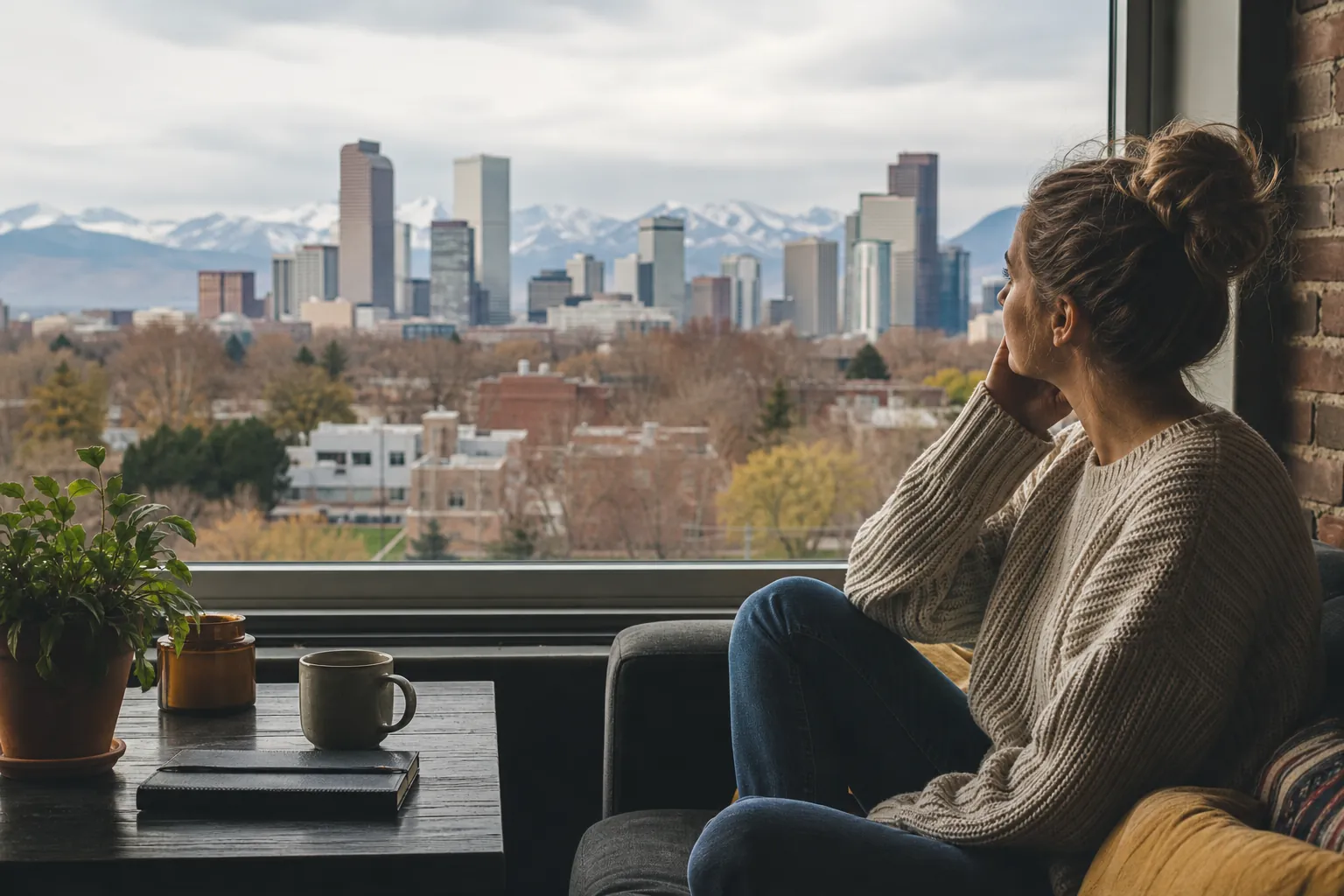 Woman Looking Out at Denver Skyline and Mountains A woman in a knit sweater sits beside a window overlooking Denver's skyline and snowy mountains, with a mug and plant nearby.