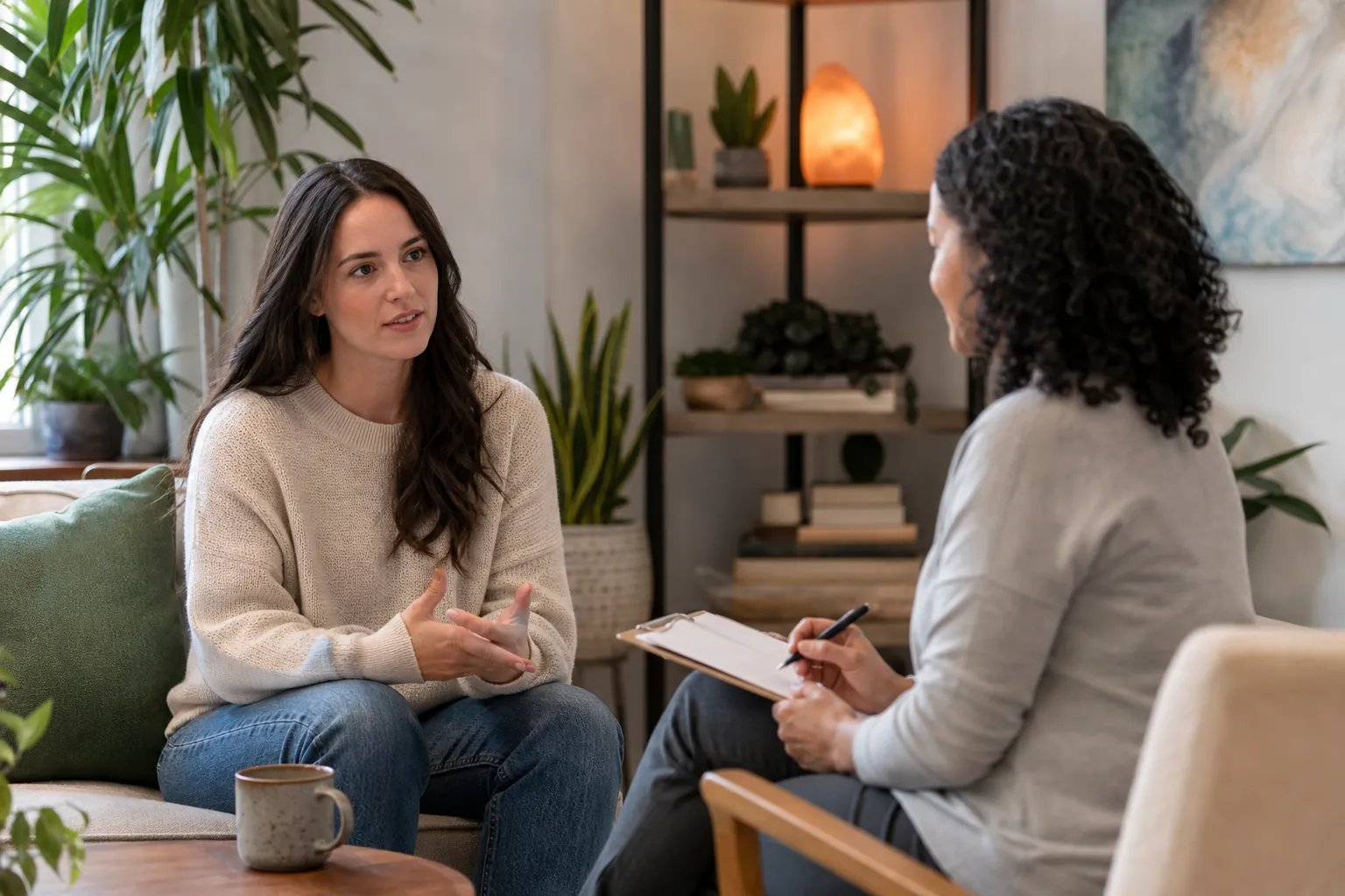 Supportive Conversation in a Counseling Setting Two women sit facing each other in a plant-filled room, one gesturing while the other holds a pen and clipboard.