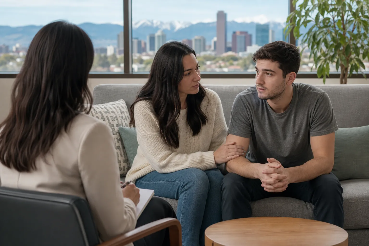 Supportive Companion at a Mental Health Appointment A woman rests her hand on a man's arm as they sit together facing a clinician with a notepad, with a city skyline behind them.